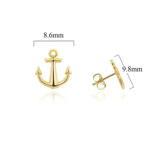 10K Solid Yellow Gold Small Anchor Stud Earrings